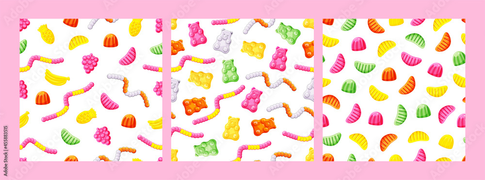 Sweet jelly candies, gummy bears, worms, fruits. A set of seamless patterns. A children treat. Vector illustration of a cartoon. Sweet jelly candies, gummy bears, worms, fruits. A set of seamless patterns. A children treat. Vector illustration of a cartoon.