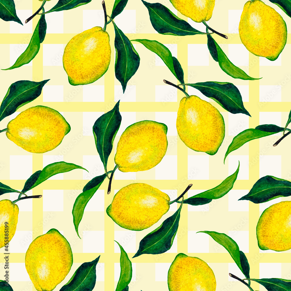 Lemon watercolor hand drawn seamless pattern. Farmhouse summer wrapping.