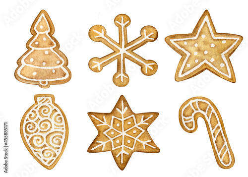 Christmas cookies gingerbread collection. Watercolor hand drawn illustration isolated on white background. Noel clipart.