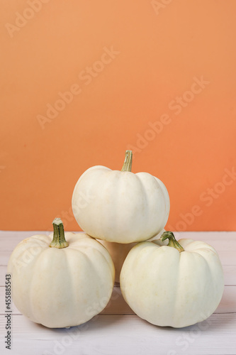 Mini white pumpkins on orange background. Copy space. Top view, vertical photo