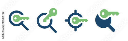 Find key icon. Magnifying glass with key icon set.