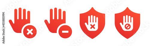 Stop hand sign. Stop hand on shield icon.