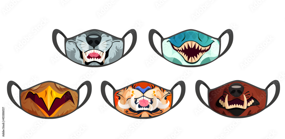 Medic masks with animal muzzles, scary roar cartoon wolf, eagle and snake, tiger and bear with long sharp fangs. Protective facial equipment against infection or allergy, creative design Vector mockup