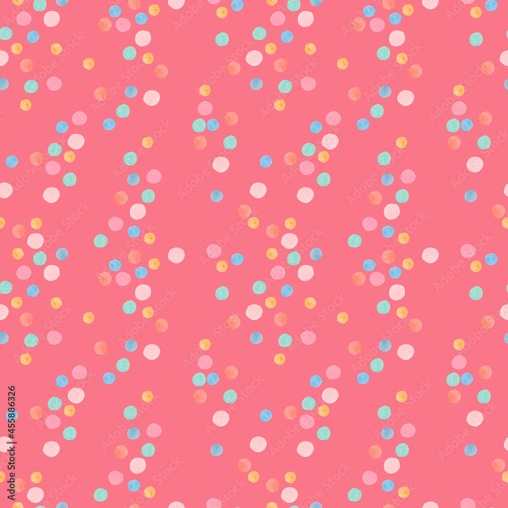 Seamless watercolor pattern in 60's style on pink isolated background.Bright colorful Abstract,Vintage,Hip,Polka Dot hand drawn designs for textiles,wrapping paper,fabric,packaging,scrapbook paper. Seamless watercolor pattern in 60's style on pink isolated background.Bright colorful Abstract,Vintage,Hip,Polka Dot hand drawn designs for textiles,wrapping paper,fabric,packaging,scrapbook paper.