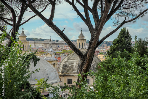 View of Rome, St. Peter's Cathedral, the Altar of the Fatherland and other attractions from the Pincio hill. Rome, Italy