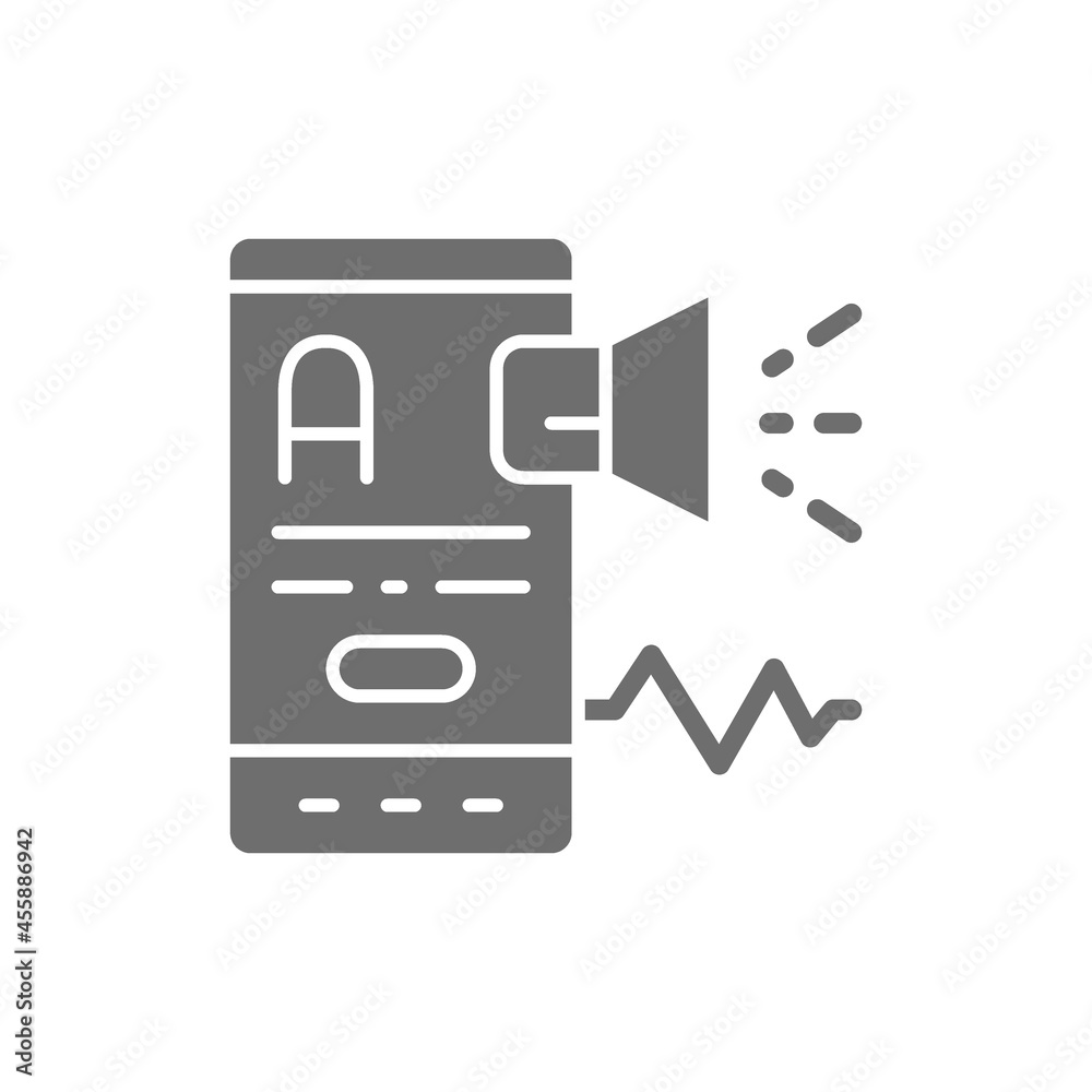 Mobile with megaphone, foreign language, marketing, promotion grey icon. Mobile with megaphone, foreign language, marketing, promotion grey icon.
