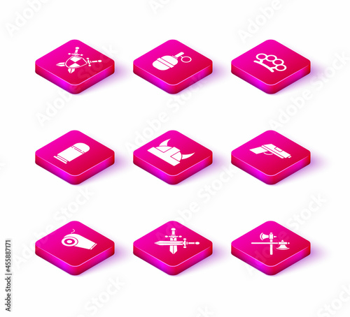 Set Cannon, Crossed medieval sword, Cartridges, Viking in horned helmet, axes, Pistol gun, Brass knuckles and Hand grenade icon. Vector