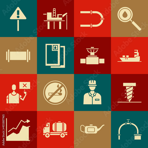 Set Industry pipe and valve, Rotating drill digging hole, Oil tanker ship, Barrel oil, Exclamation mark triangle and icon. Vector