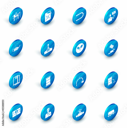 Set Canister for motor oil, Industry pipe, Nature saving protest, Barrel, Oil rig with fire, leak and Bio fuel icon. Vector