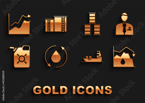 Set Oil drop, Businessman or stock market trader, Drop crude oil price, tanker ship, Canister for motor, Barrel, increase and industrial factory building icon. Vector