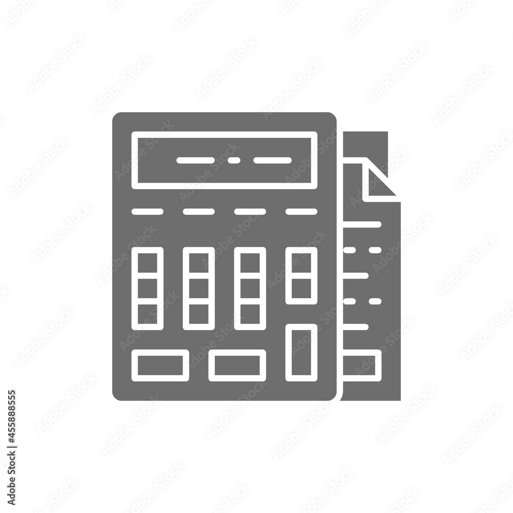 Calculator with documents, bookkeeping, accounting grey icon. Calculator with documents, bookkeeping, accounting grey icon.