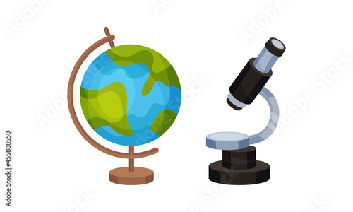 Globe and Microscope as Back to School Symbol and Stationery Object Vector Set