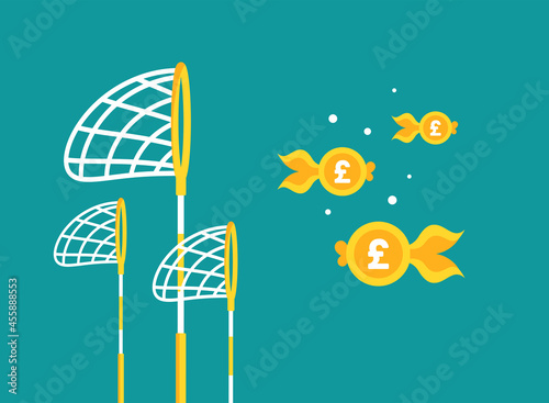 Pool or fish net with pound sterling coins as golden fish. Catch, hunt, chase money goldfish.