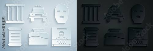 Set Inkwell, Thief mask, Decree, paper, parchment, scroll, Wanted poster, Police car and flasher and Prison window icon. Vector