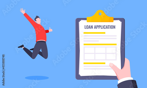 Hand holds loan approval application paper sheets document. Mortgage or credit form with stamp approved and happy person jumping behind flat style design vector illustration.