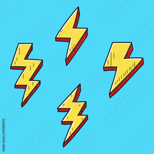 Set of cute lightning vector isolated on blue background. Colorful lightning doodle