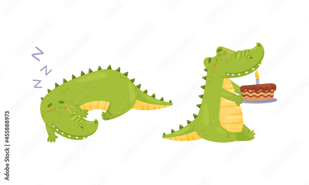 Fototapeta premium Green Crocodile or Gator Character Sleeping and Carrying Birthday Cake with Candle Vector Set