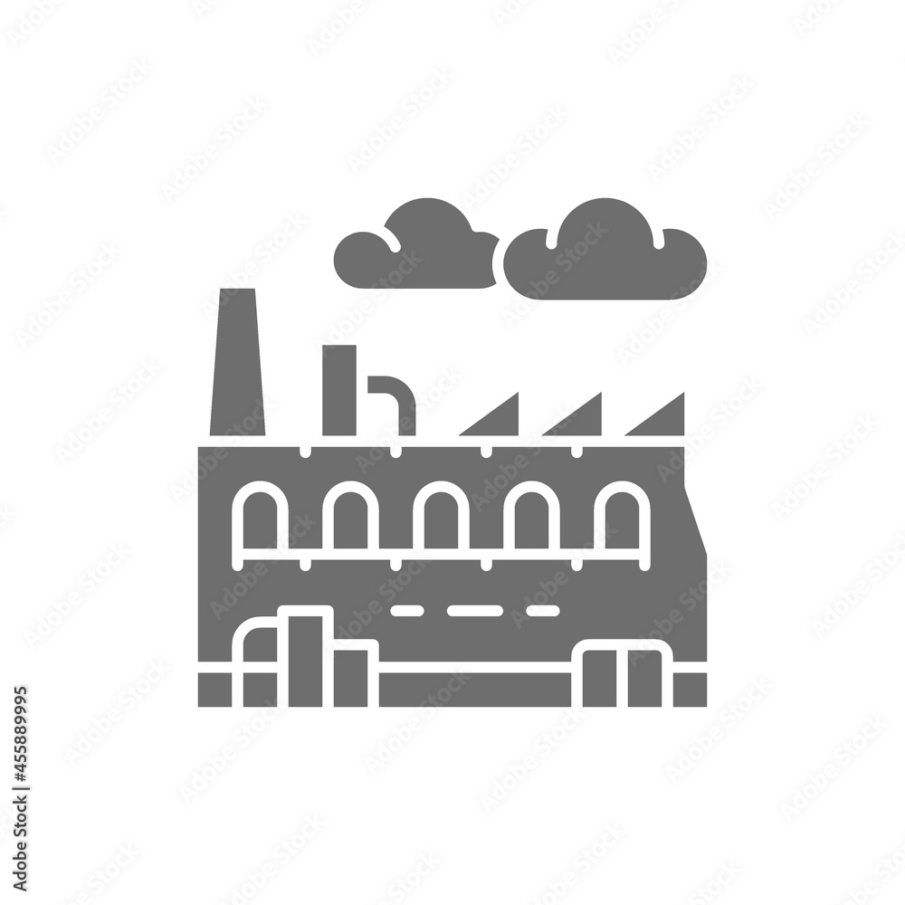 Industrial factory, plant grey icon. Isolated on white background