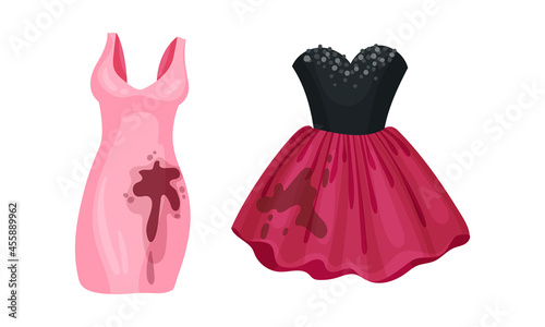 Spotted Dress as Dirty Clothing with Stain for Laundry Vector Set