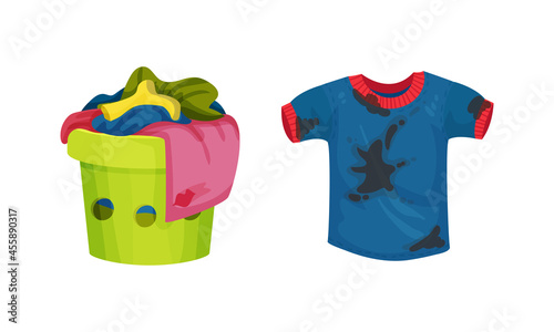 Spotted Sweatshirt and Basket with Dirty Clothing with Stain for Laundry Vector Set