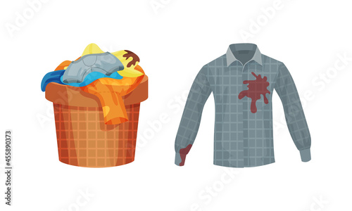 Spotted Shirt and Basket with Dirty Clothing with Stain for Laundry Vector Set