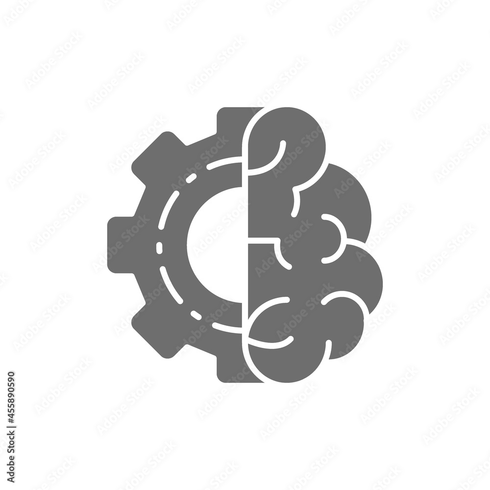 Brain with gear wheel, engineer mind, intellect grey icon. Brain with gear wheel, engineer mind, intellect grey icon.