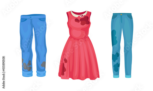 Spotted Dress and Pair of Jeans as Dirty Clothing with Stain for Laundry Vector Set