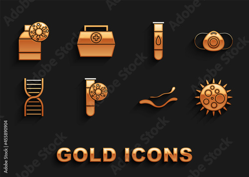 Set Test tube with virus, Medical protective mask, Virus, Ebola disease, DNA symbol, Blood test and, Bottle and First aid kit icon. Vector