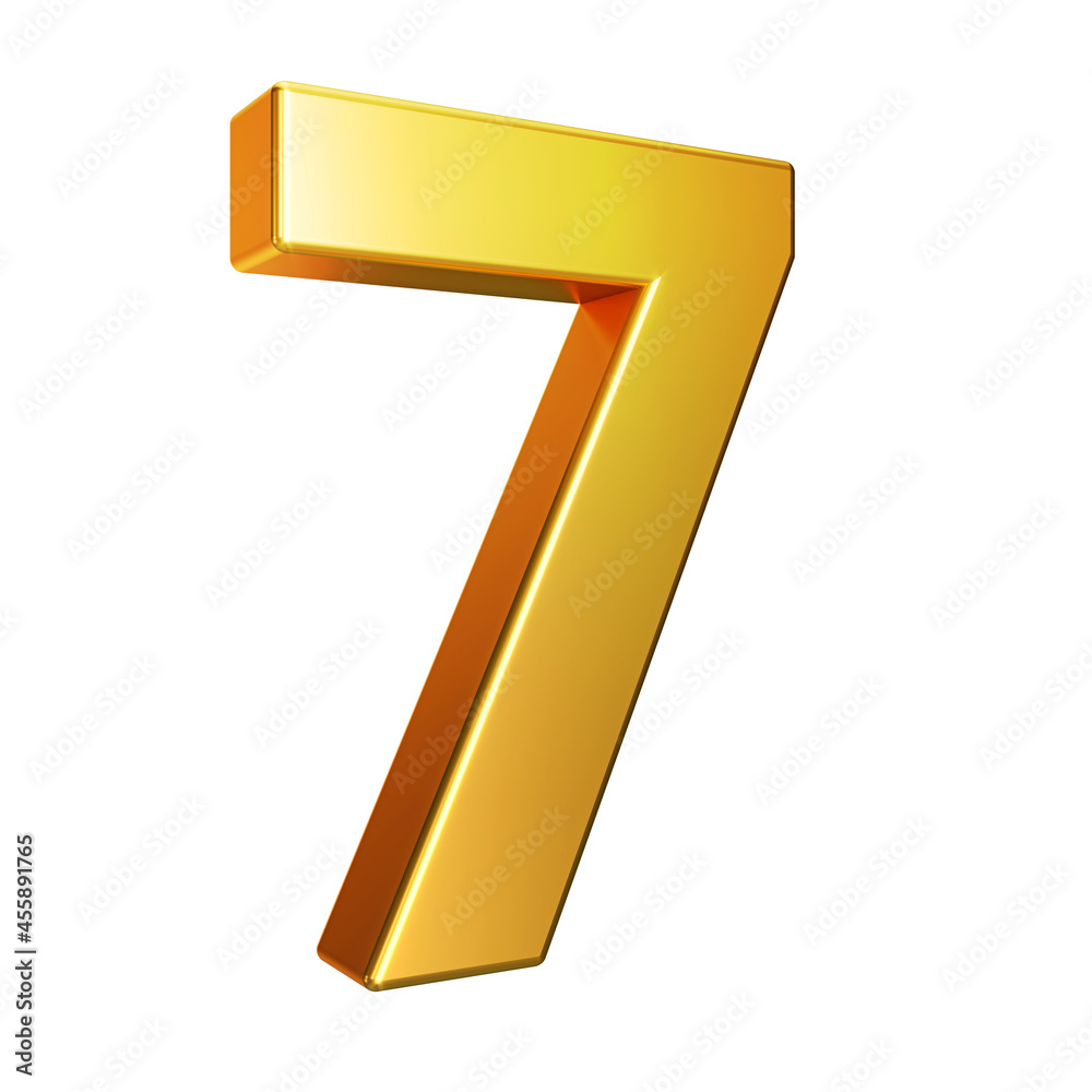 Number 7, Alphabet. Golden 3d number isolated on a white background with Clipping Path. 3d illustration.
