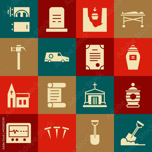 Set Shovel in the ground, Funeral urn, Coffin grave, Hearse car, Hammer, Crematorium and Death certificate icon. Vector