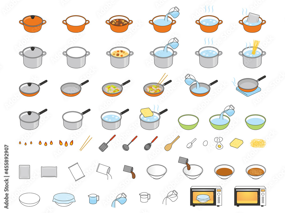 料理の作り方のパーツセット　How to cook vector illustration - obrazy, fototapety, plakaty 