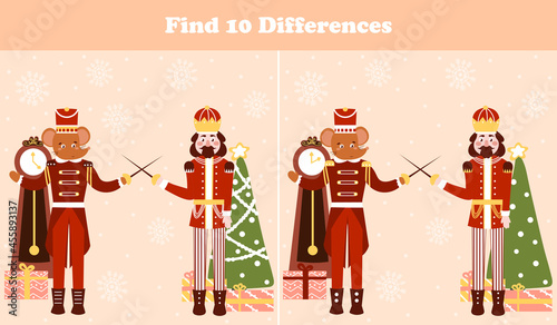 Christmas logical game, find ten differences riddle for children books with nutcracker character and mouse king fighting in cartoon style, xmas eve and gift boxes, search puzzle