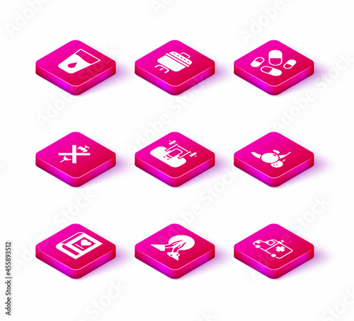 Set Medical book, Meditation, No doping syringe, Bench with barbel, Ambulance and emergency car, Fruit, Vitamin pill and Cooking pot icon. Vector