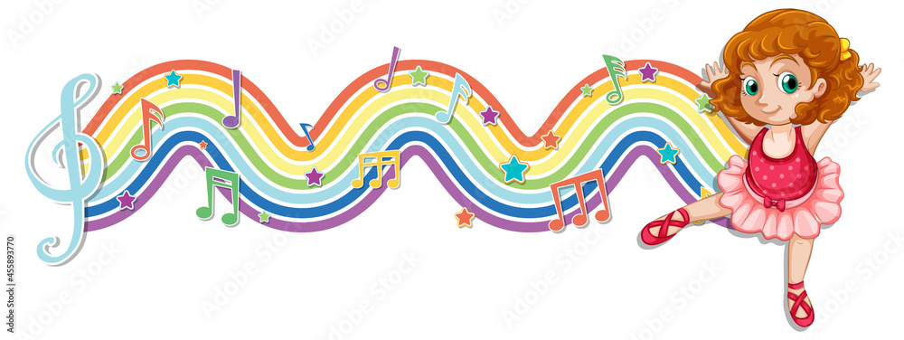 Fototapeta premium Ballerina with melody symbols on rainbow wave