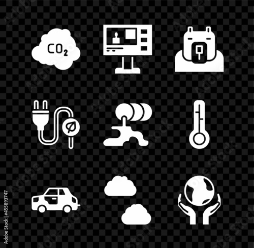 Set CO2 emissions in cloud, Television report, Polar bear head, Car, Cloud, Hands holding Earth globe, Electric saving plug leaf and Barrel oil leak icon. Vector