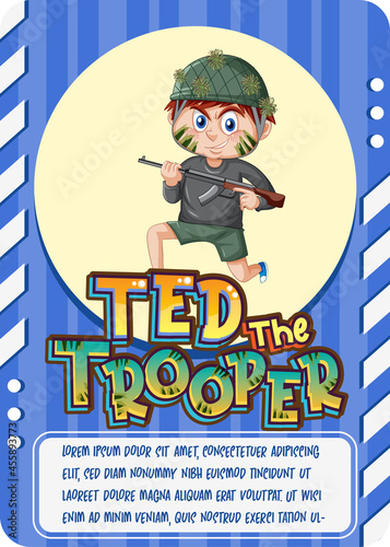 Character game card template with word Ted The Trooper
