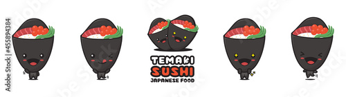 cute sushi mascot, with different facial expressions and poses
