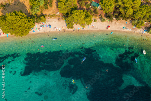 Aerial view of Vucine bay and beach on Peljesac peninsula near Zuljana, Adriatic Sea, Croatia