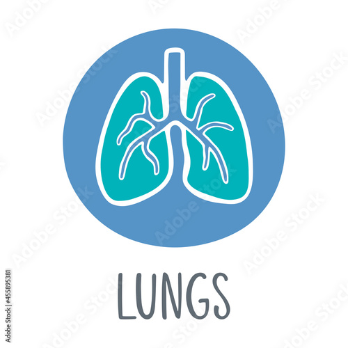 Human lungs icon. Two-color symbol with handwritten title. Vector flat hand drawn illustration