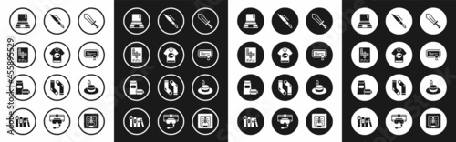 Set Sword for game, T-shirt, Crossword, Laptop, Certificate template, Fountain pen nib, Man hat and Burger icon. Vector