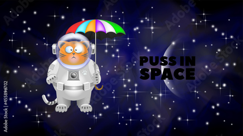 Cartoon fat red discontented cat astronaut with bulging eyes in space and with a multi-colored umbrella against the background of a starry cosmic nebula