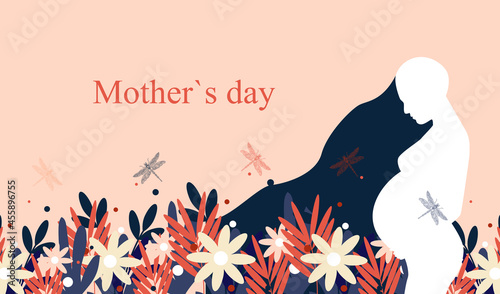Mother's day poster. Silhouette of a pregnant woman surrounded by decorative flowers. Motherhood and love concept