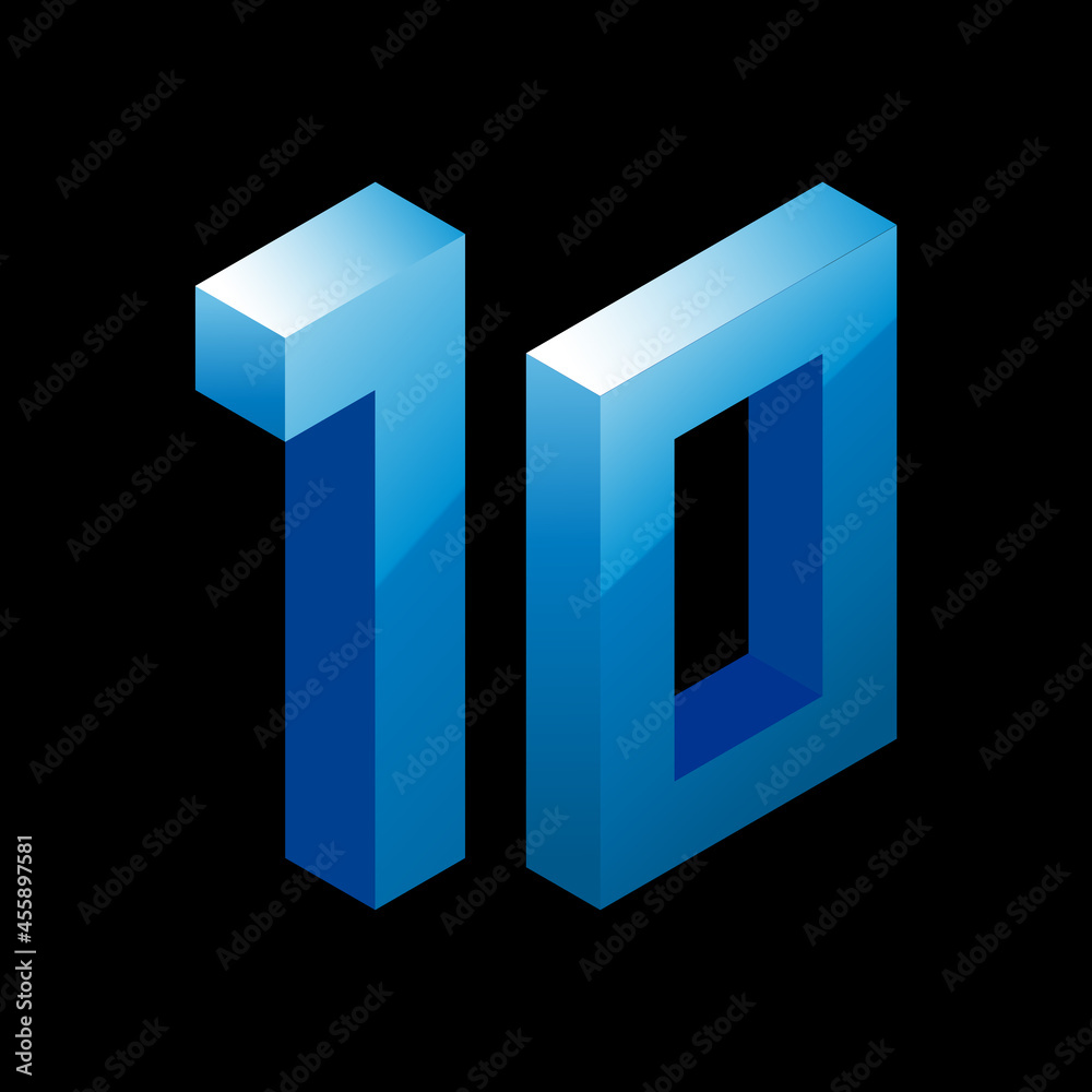 Gradient blue number 10 in isometric style. Isolated on black background. Water texture Gradient blue number 10 in isometric style. Isolated on black background. Water texture