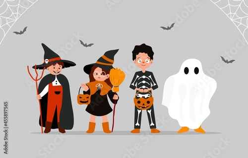 Illustration characters of a group of cute and happy children with a witch, skull man, and ghost costume to celebrate Halloween costume party.