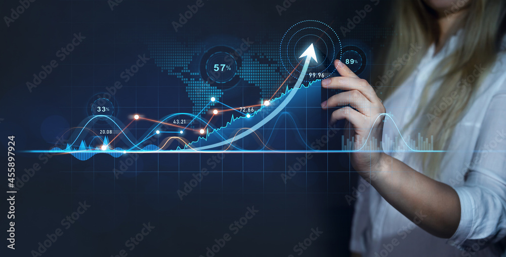 Business Woman with pen draws growth arrow graph chart. Business ...