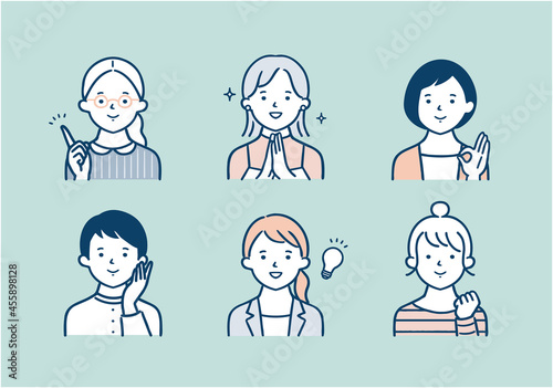 嬉しそうな表情をした若い女性のイラスト素材セット