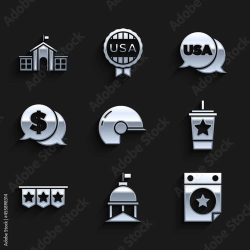Set Baseball helmet, White House, Calendar with date July 4, Paper glass straw, Carnival garland flags, Coin money dollar, USA Independence day and United States Capitol Congress icon. Vector