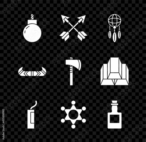 Set Bomb ready to explode, Crossed arrows, Dream catcher with feathers, Dynamite bomb, Hexagram sheriff, Tequila bottle, Kayak or canoe and paddle and Tomahawk axe icon. Vector