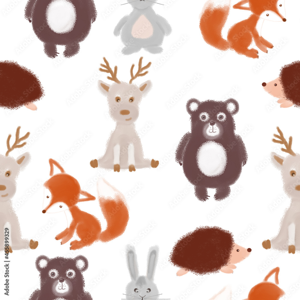 Seamless pattern with forest animals. Bear, hedgehog, bunny, fox, moose. Design for a holiday. Printing for wrapping paper. An illustration for printing. Children's composition. Texture for fabric and Seamless pattern with forest animals. Bear, hedgehog, bunny, fox, moose. Design for a holiday. Printing for wrapping paper. An illustration for printing. Children's composition. Texture for fabric and