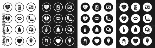 Set Dating app online, Smiling lips, Broken heart, Heart, Diamond engagement ring, Valentines day party flyer, speech bubble and Champagne bottle icon. Vector